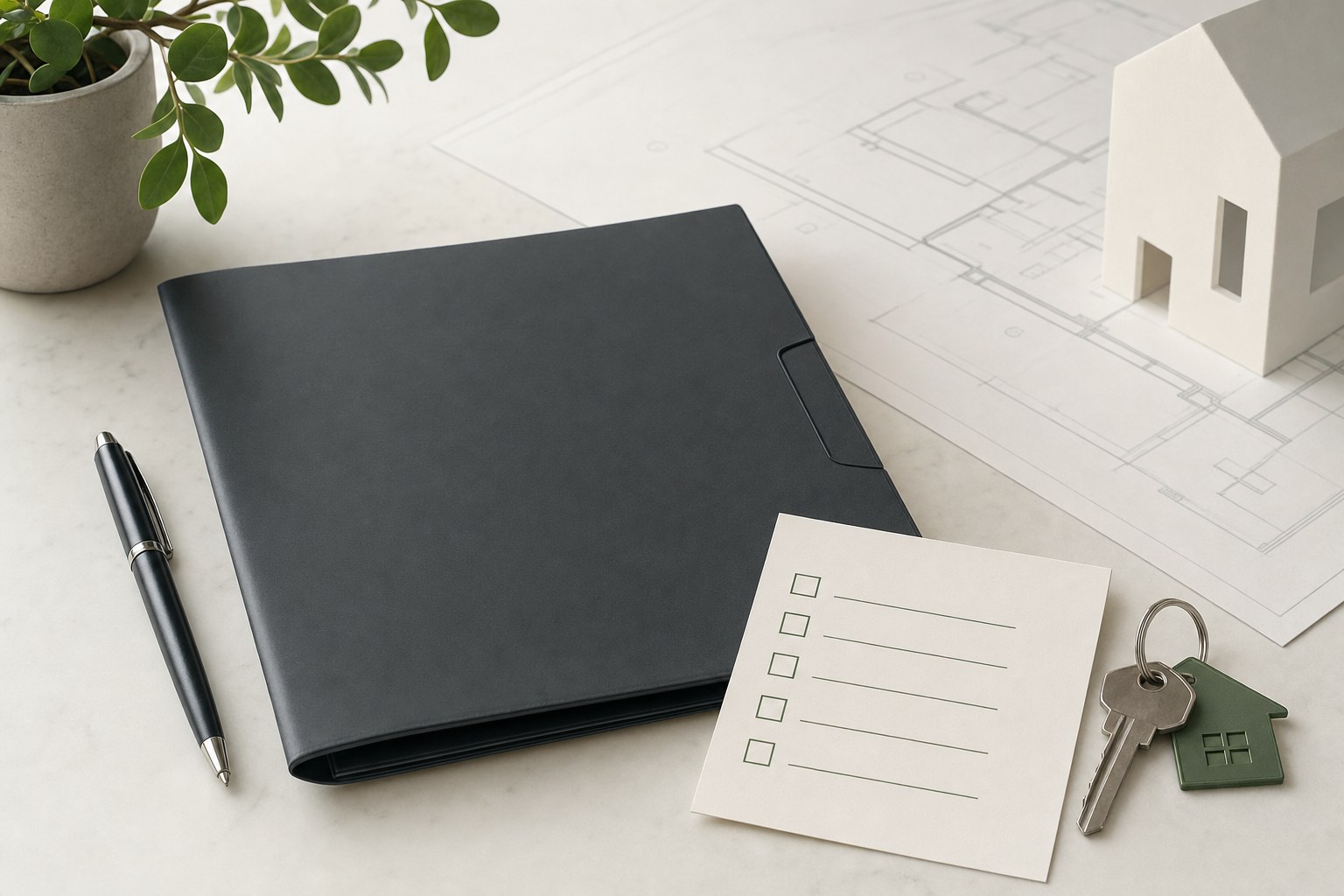 A contract folder, checklist card, house key and property plan prepared for a closing