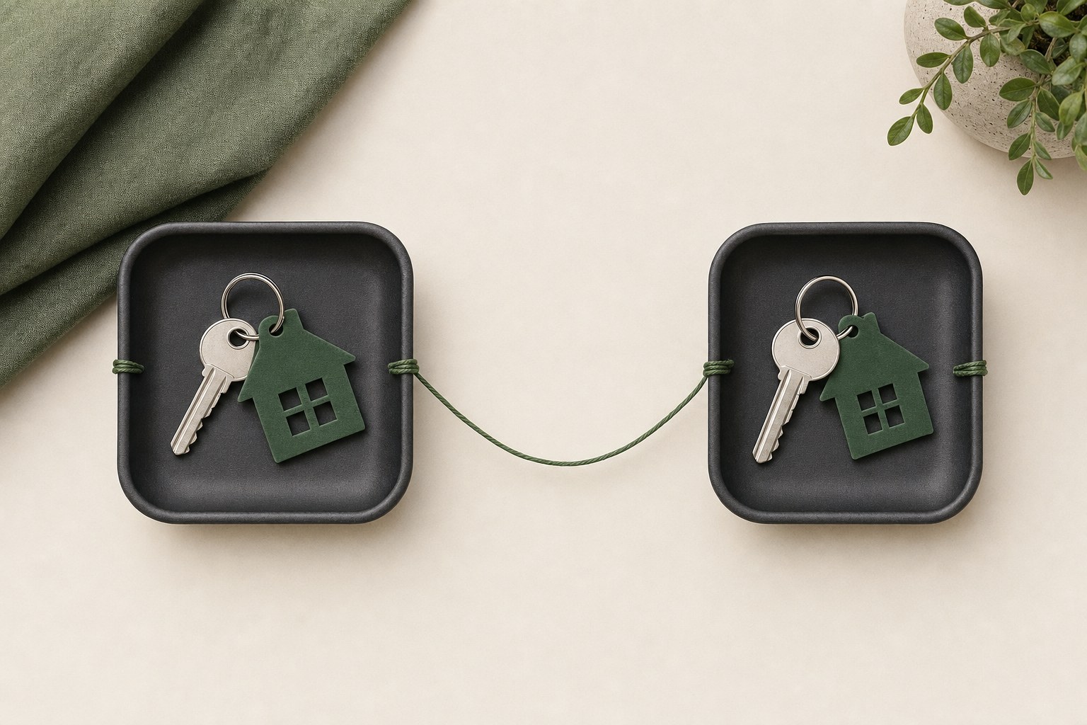 Two house keys in separate trays connected by a green thread to represent coordinated closings