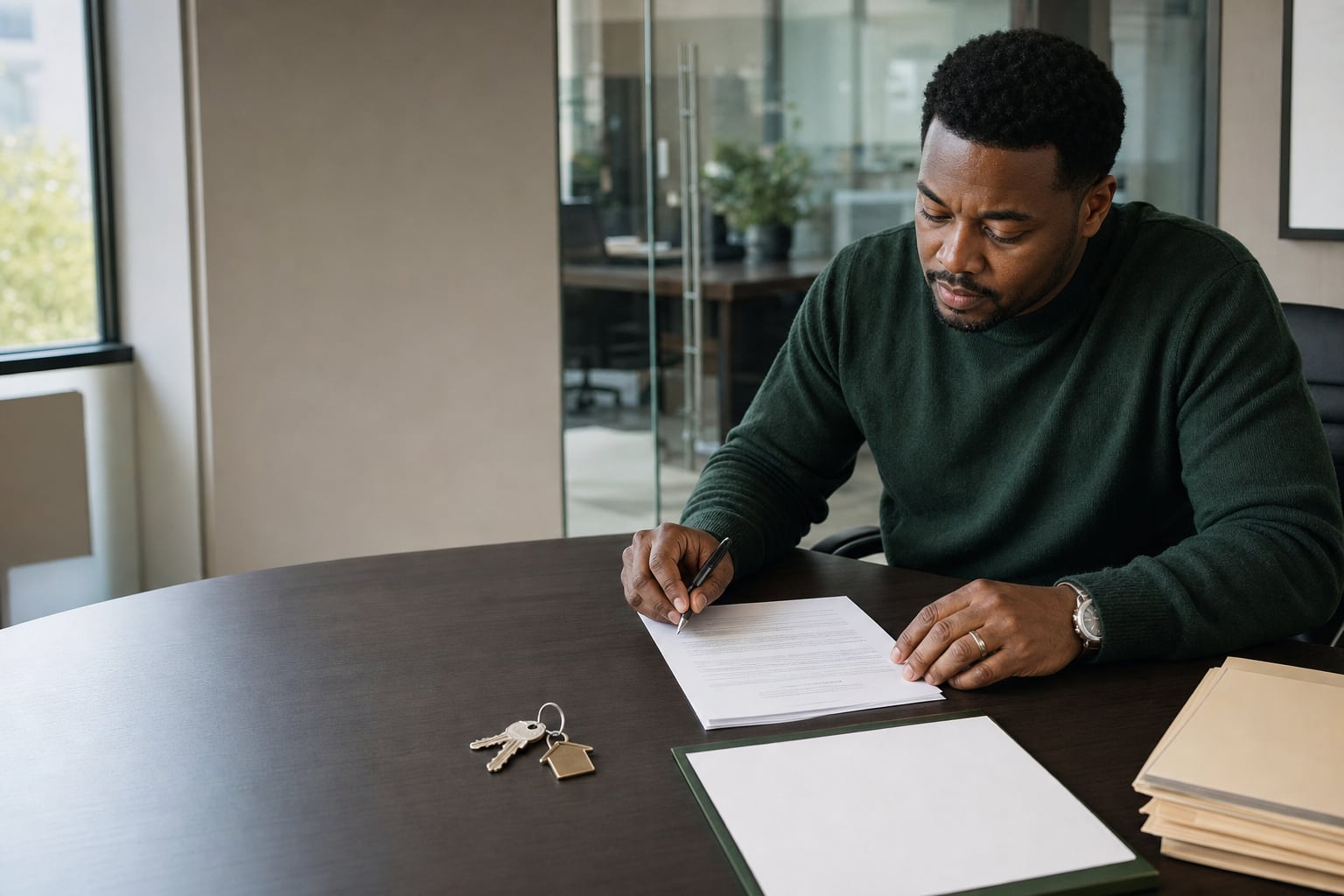 Real estate investor reviewing closing documents at a title office table