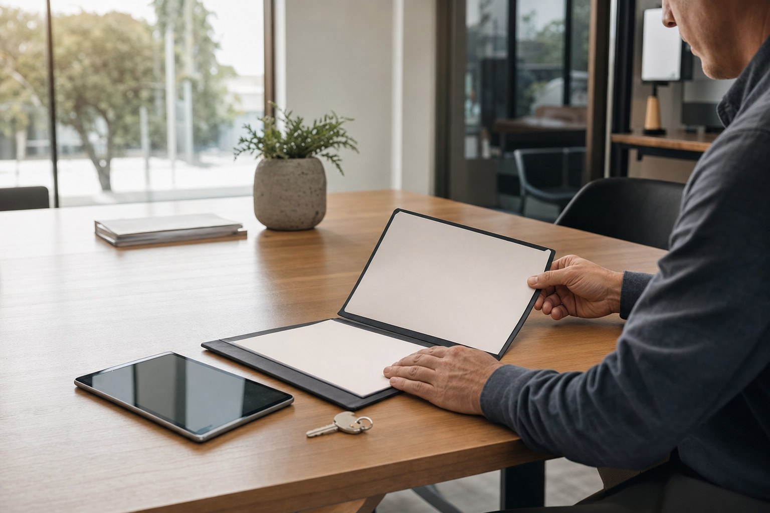 Real estate investor reviewing a property closing folder and house key at a title office table