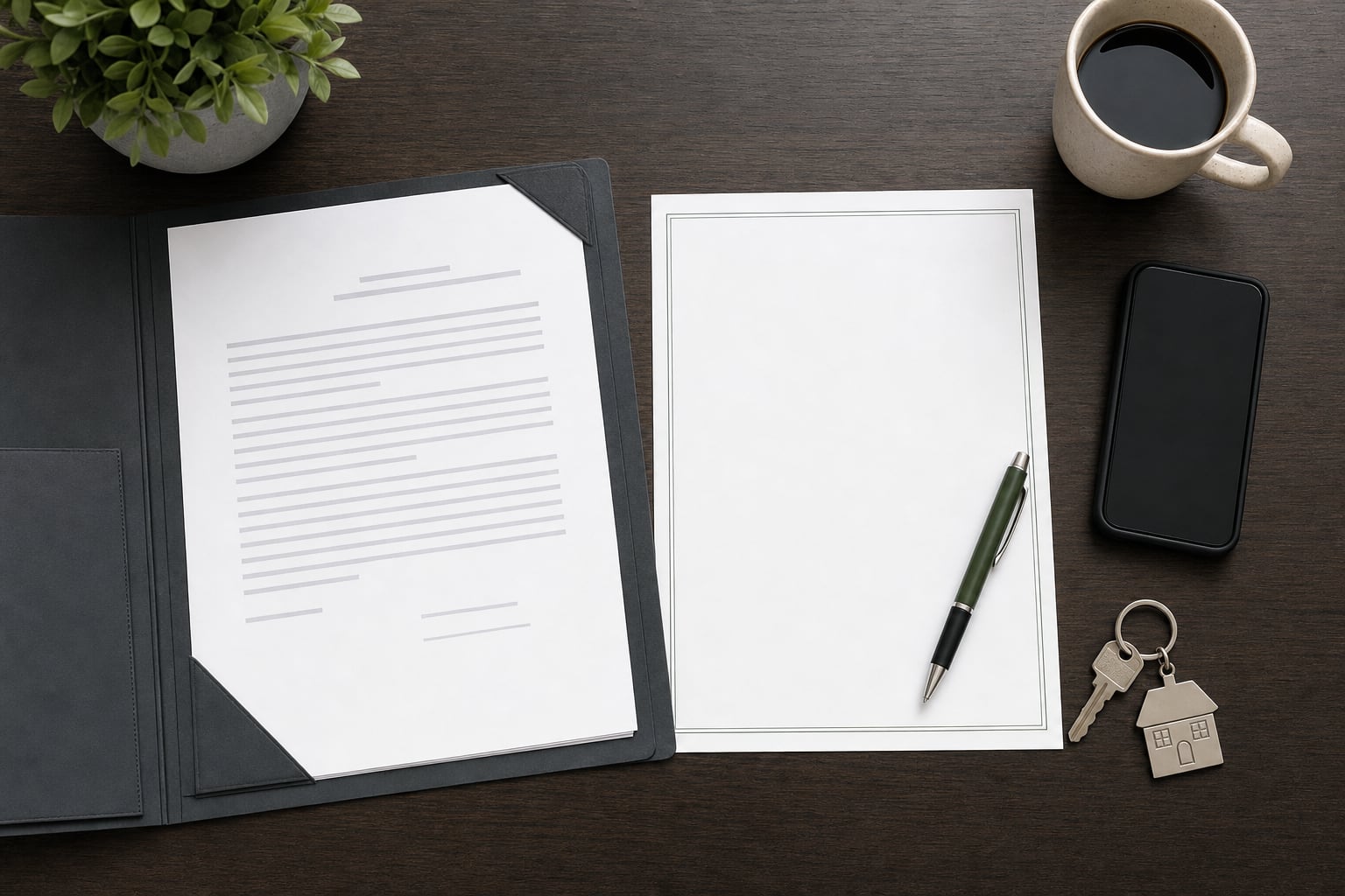 Property contract folder, blank proof-of-funds letter, pen and house key prepared for a real estate closing