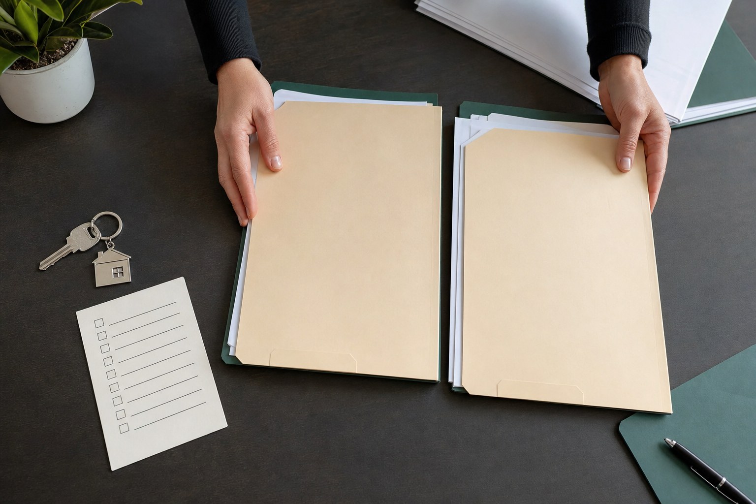 Two property transaction folders and a closing-readiness checklist arranged on a worktable