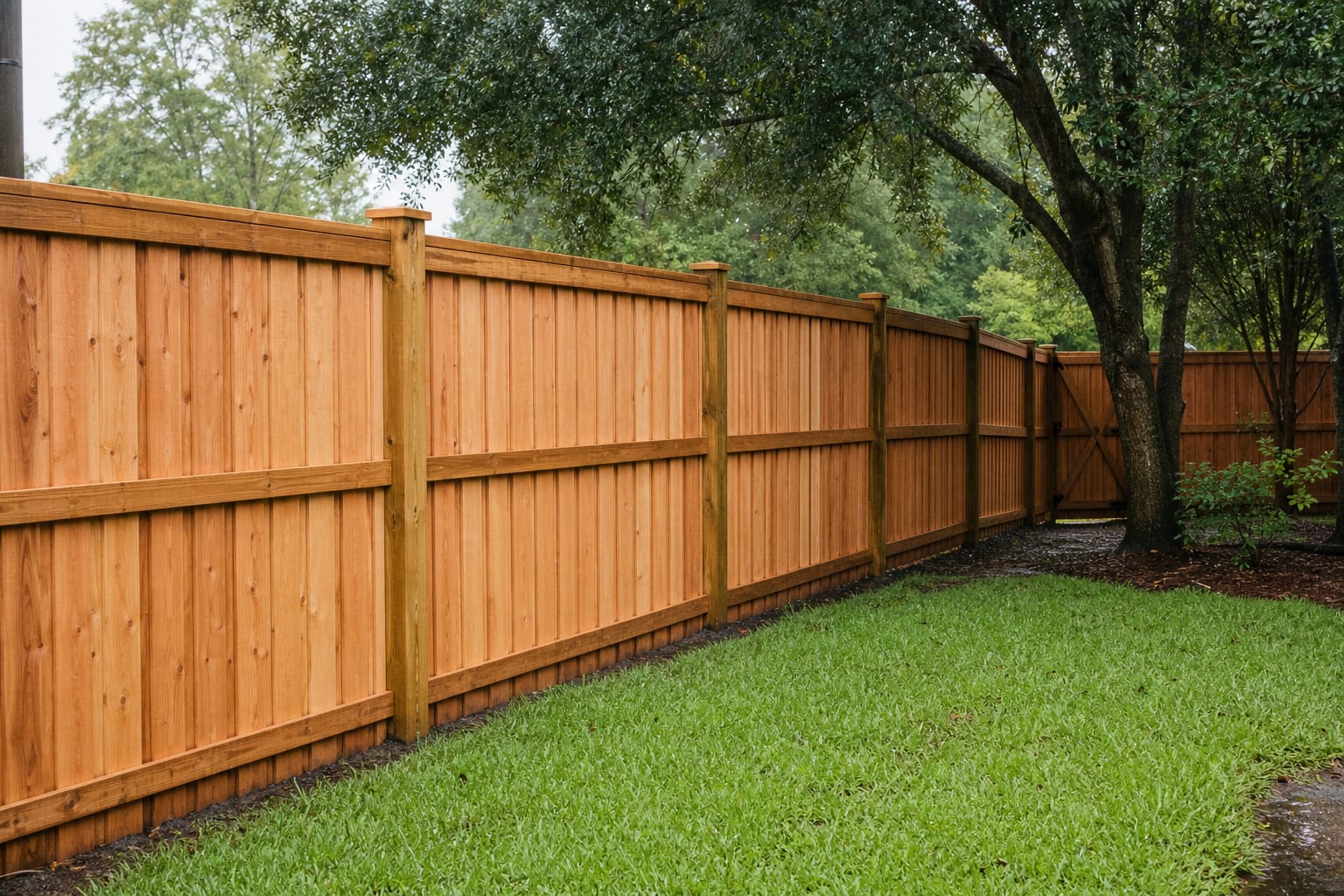 Cedar privacy fence along a green Louisiana backyard