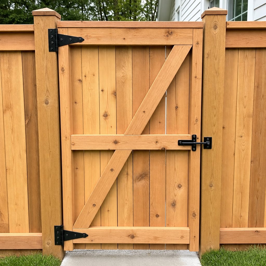 Wood fence gate with black hinges and latch hardware