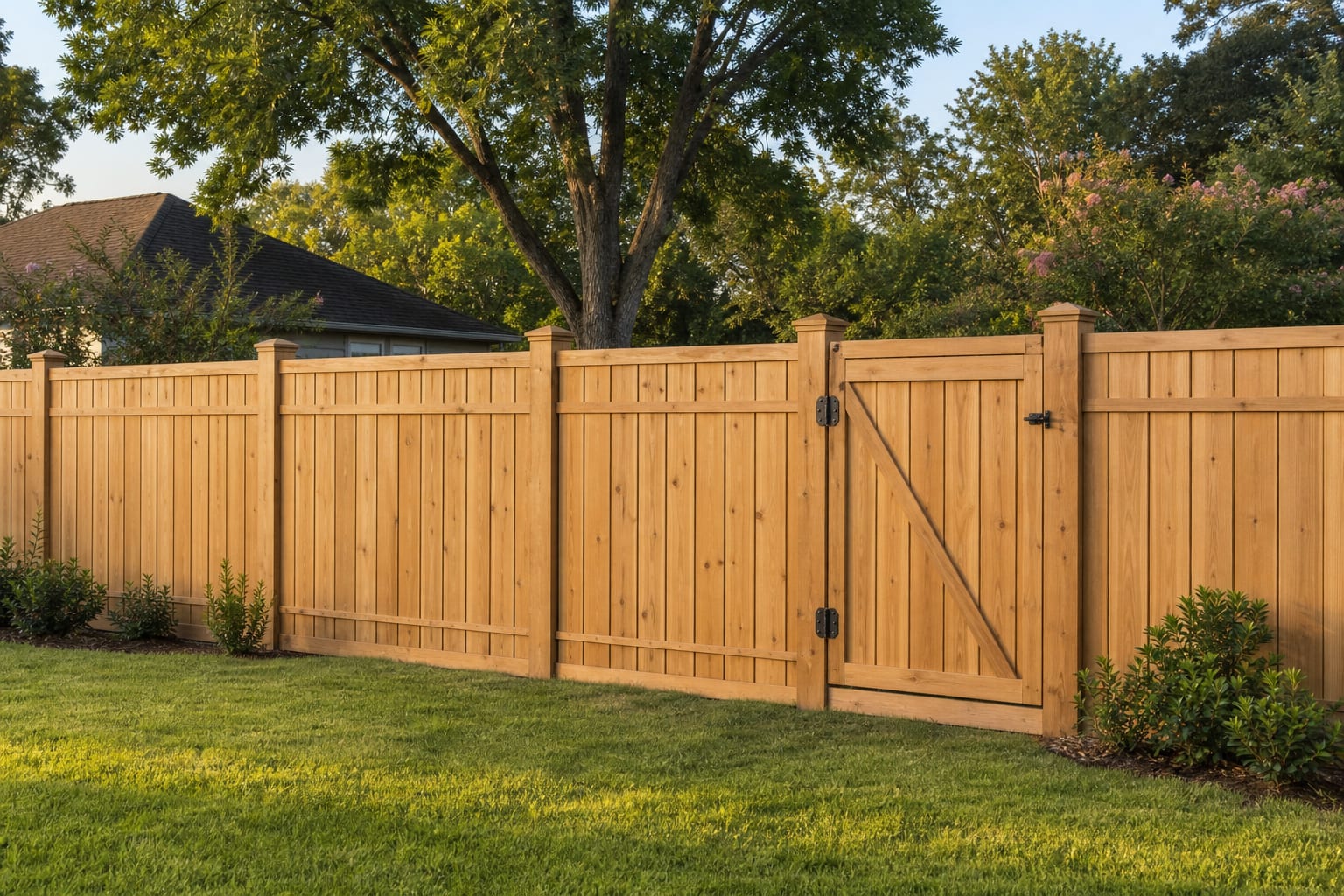 Well-kept wood privacy fence and gate in a residential backyard