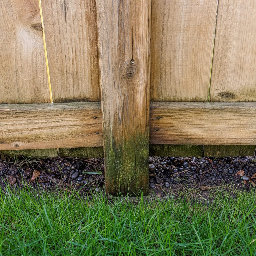 Wood fence post and rails near grass and damp ground