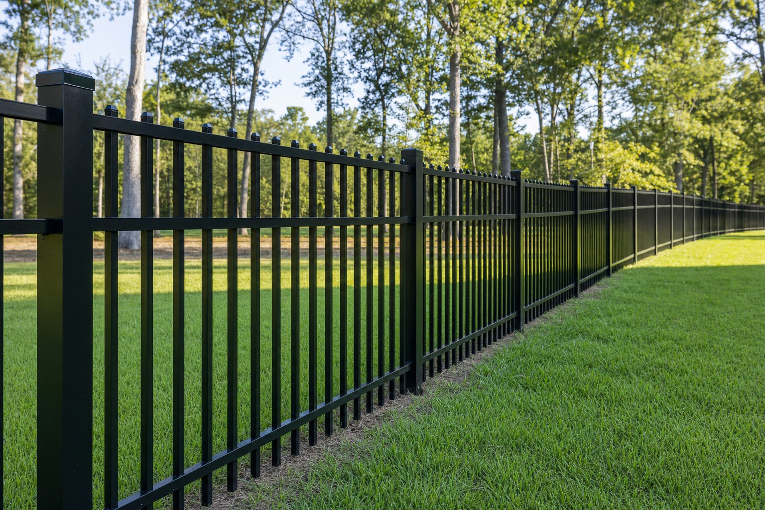 Black aluminum fence along a green backyard