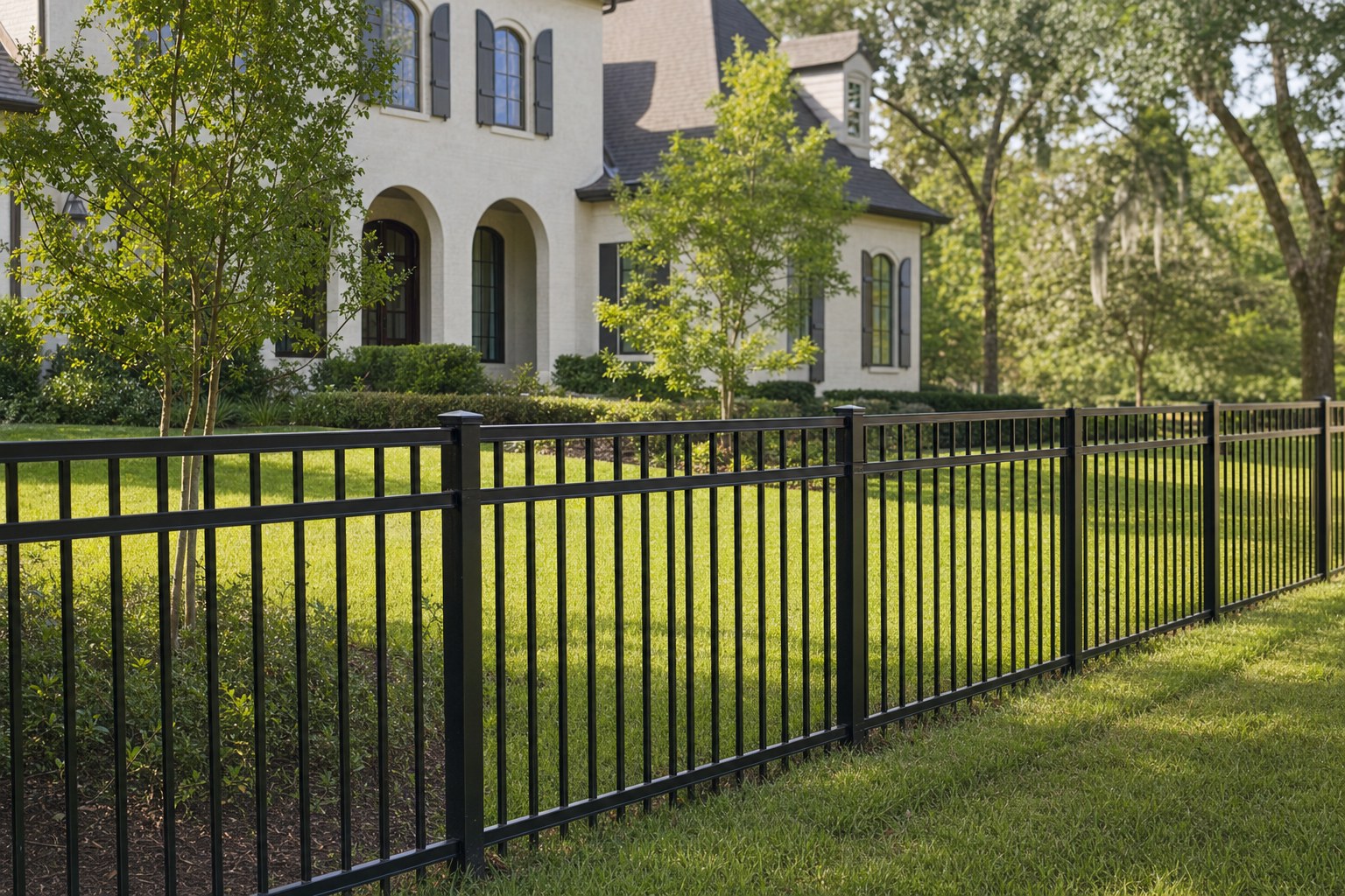 Black aluminum fence around a landscaped front yard