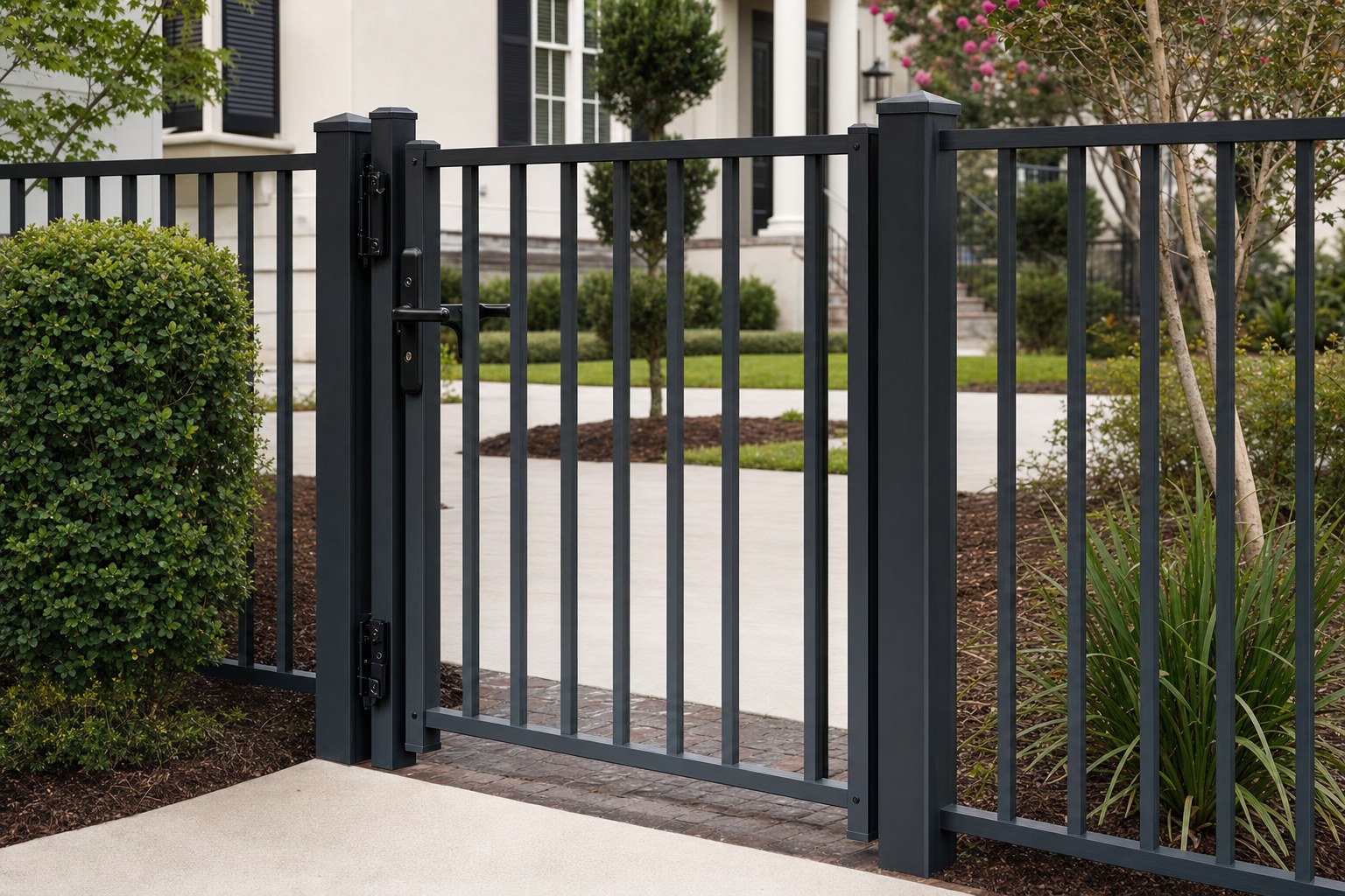 Black aluminum walk gate at a residential entry