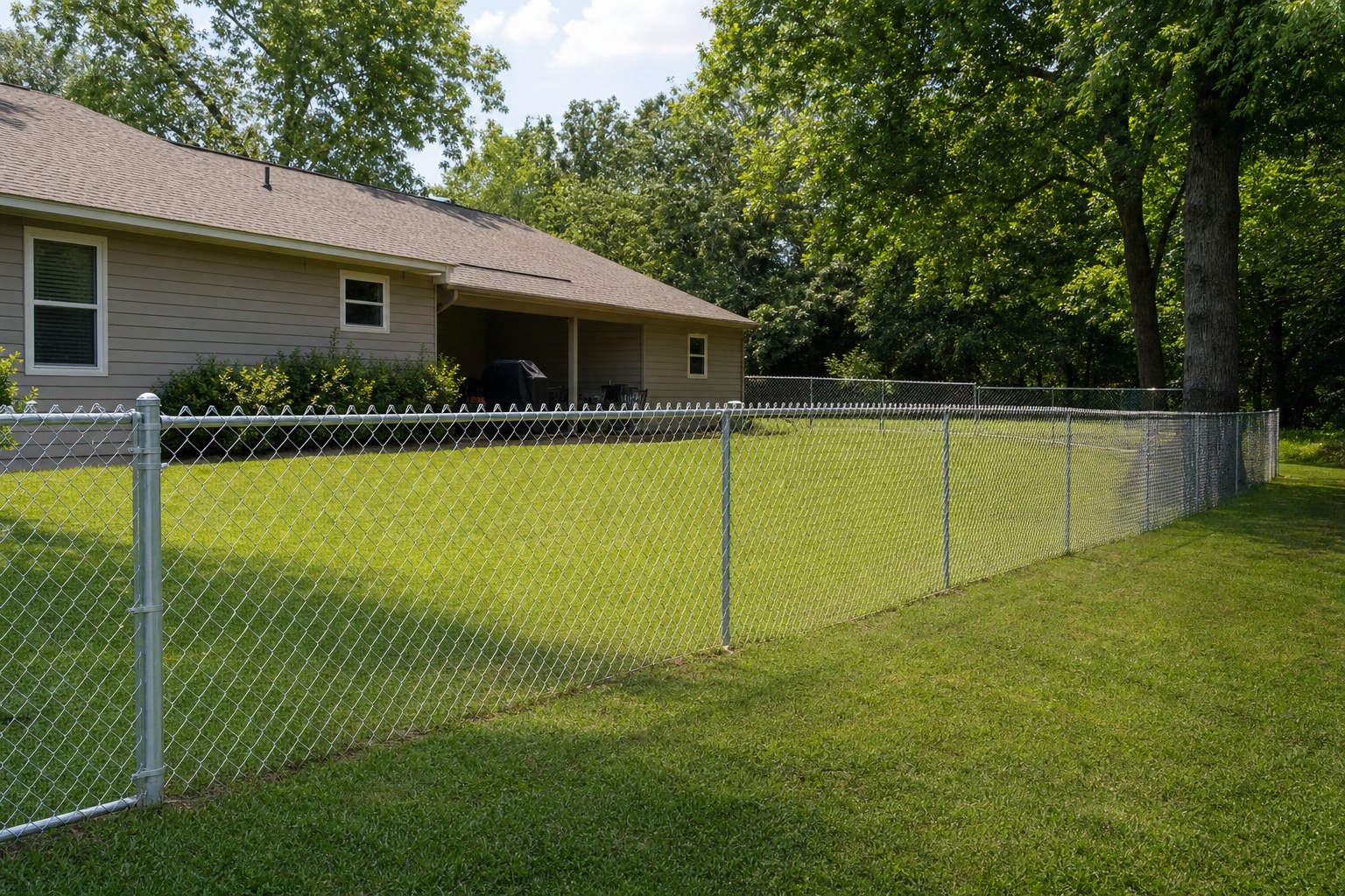 New galvanized chain-link fence around a backyard