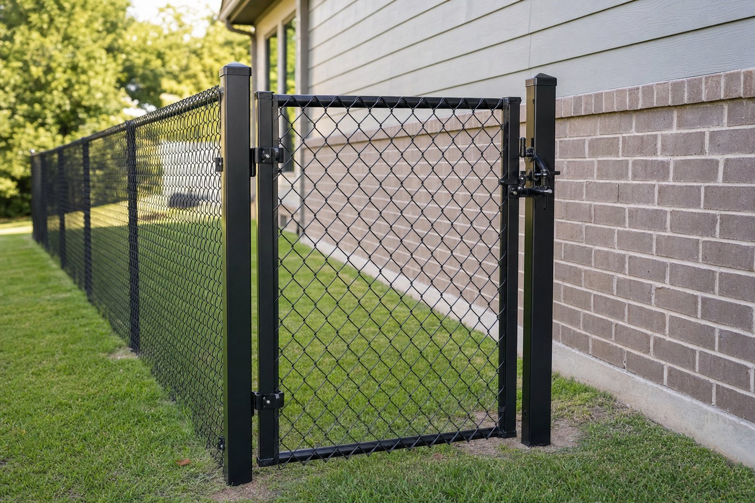 Black chain-link walk gate and latch