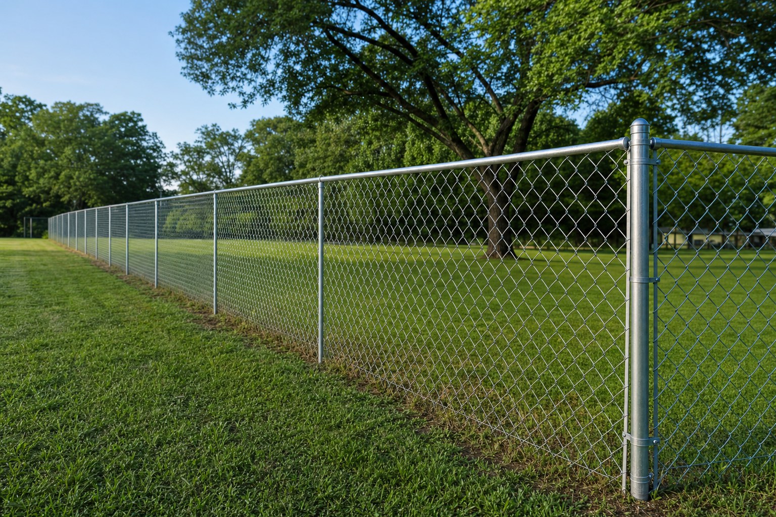 Galvanized chain-link fence along an open yard