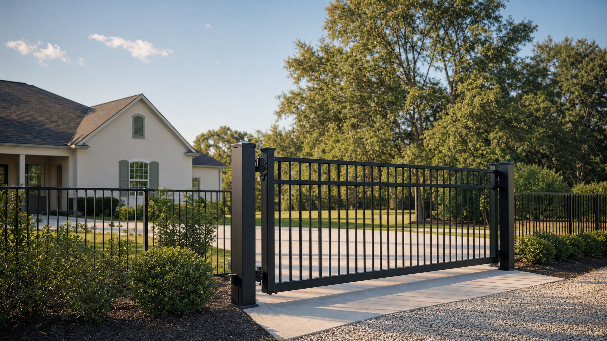 Black aluminum driveway gate at a Louisiana home