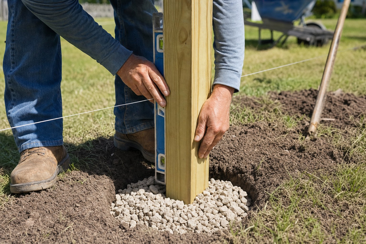 Fence post being set straight with a level