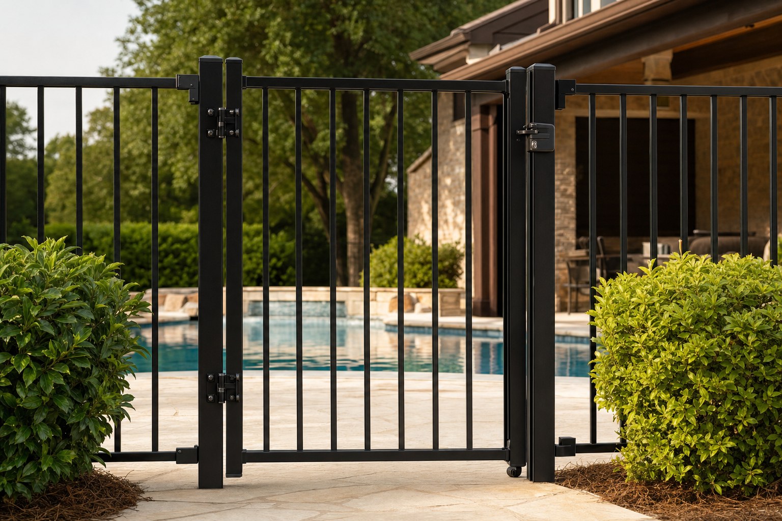 Black aluminum pool gate with secure latch
