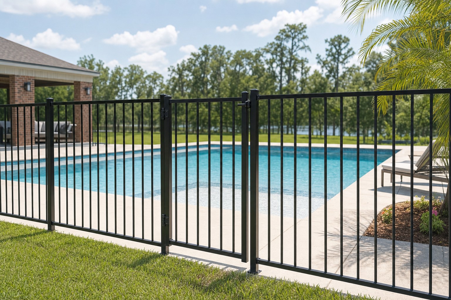 Black aluminum fence around a residential swimming pool