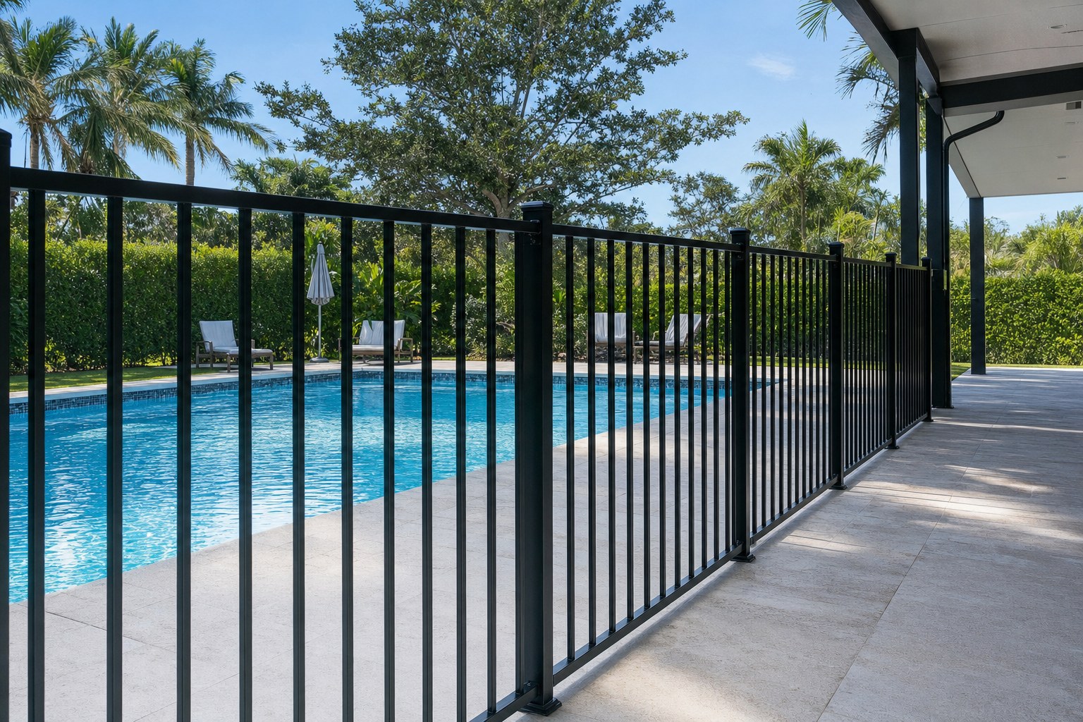Black pool fence along a residential pool patio