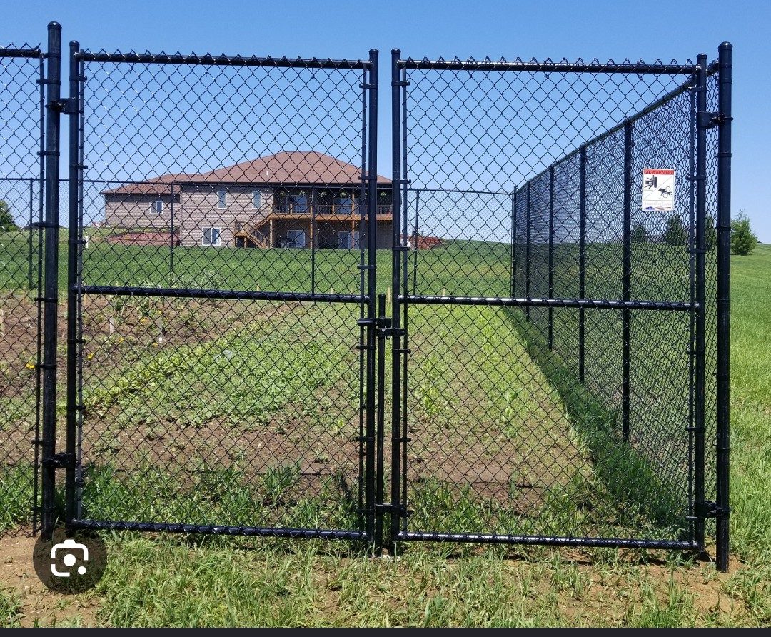 Tall black chain-link double gate with center latch