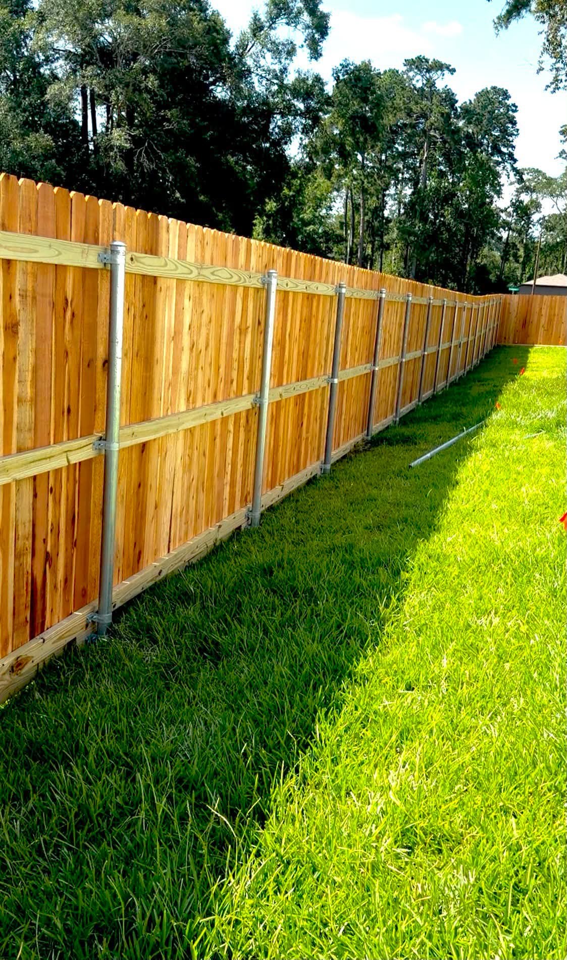 Fresh wood privacy fence along a sunny yard