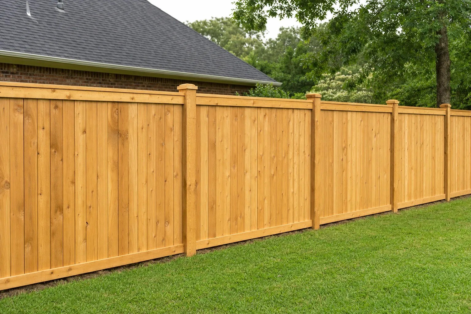 New wood privacy fence along a green backyard