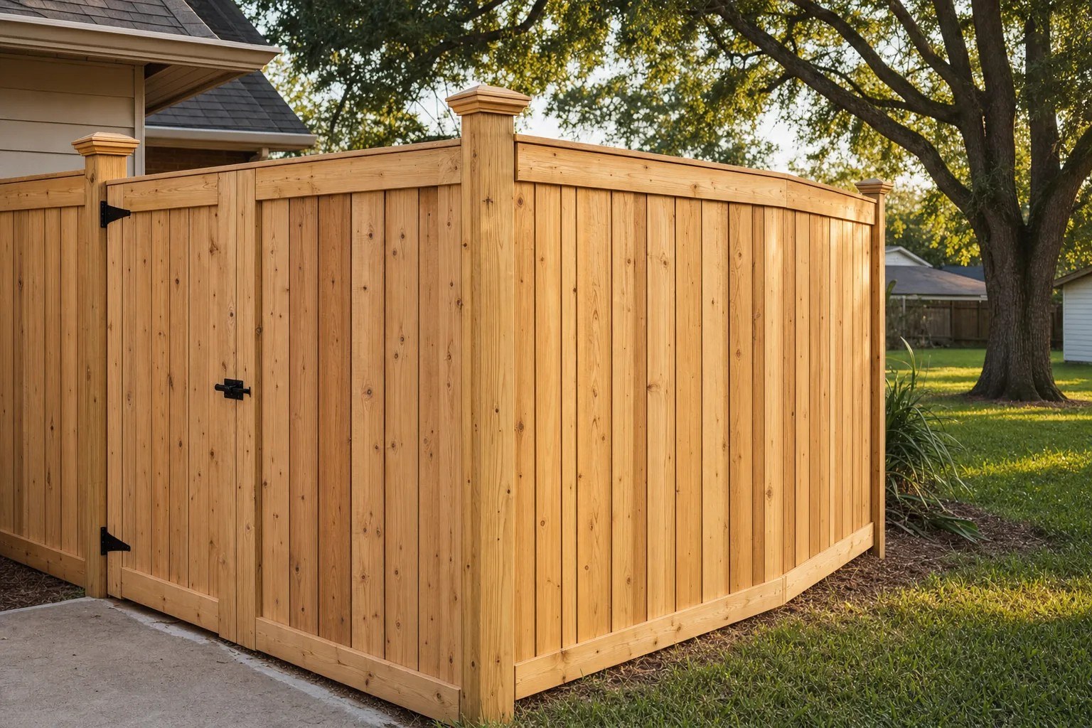 Wood privacy fence and walk gate at a backyard corner