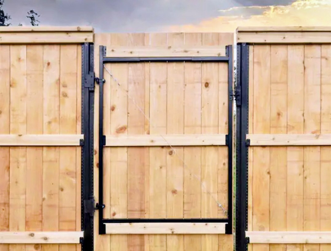 Single wood walk gate with black steel framing