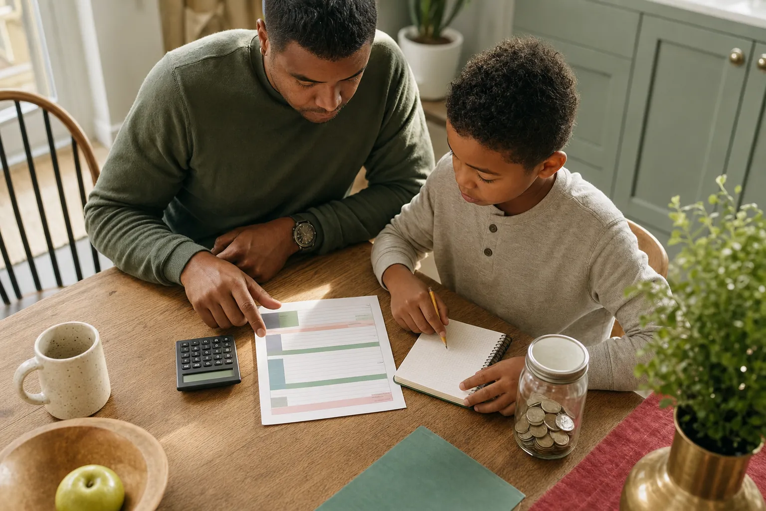 Parent and child learning with a budget worksheet at a kitchen table
