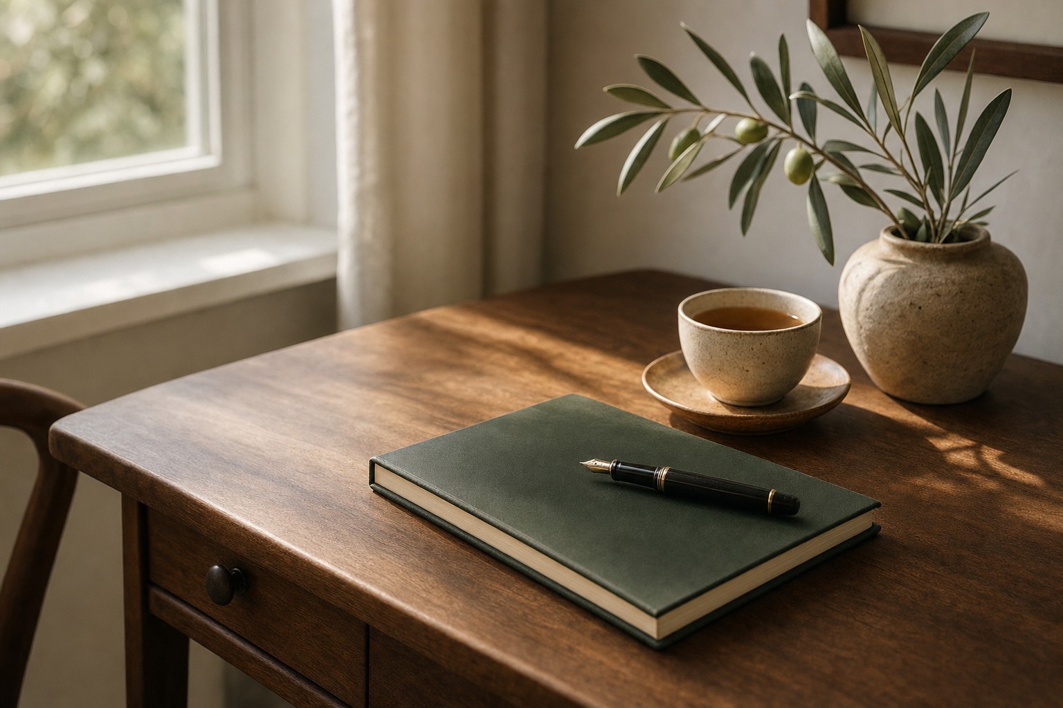 Notebook and ceramic cup on a softly lit desk