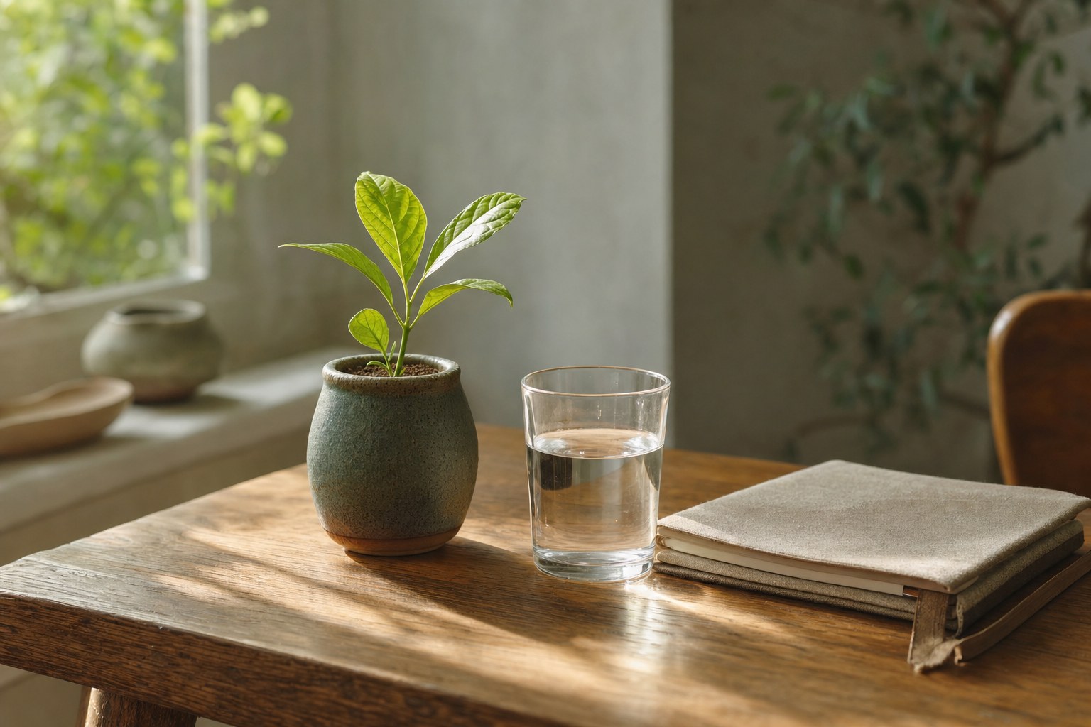 Green plant, glass of water, and notebook in a quiet sunlit room