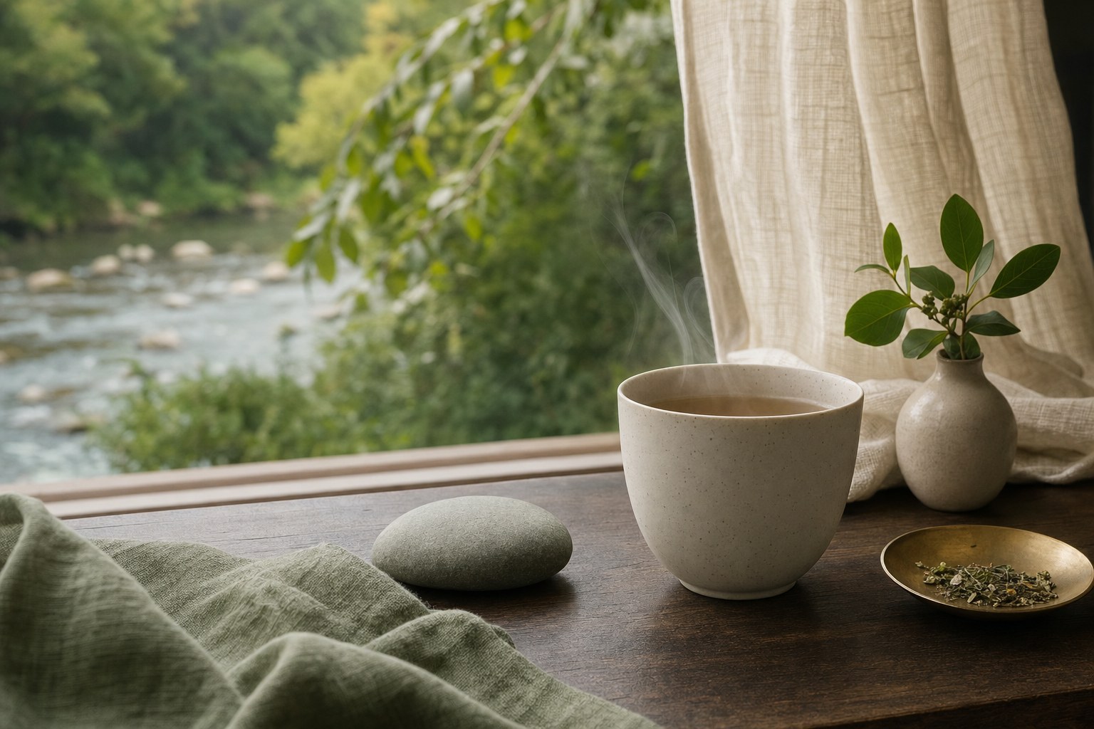 Ceramic tea cup and linen beside a window
