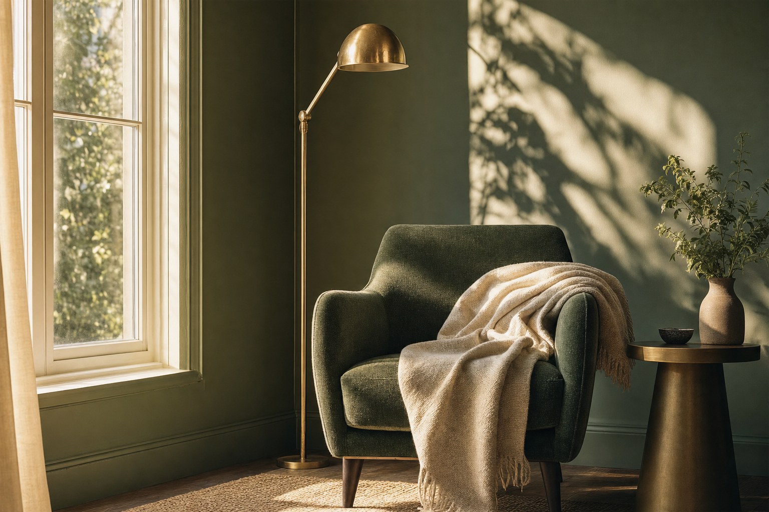 Sunlit green chair with a cream throw