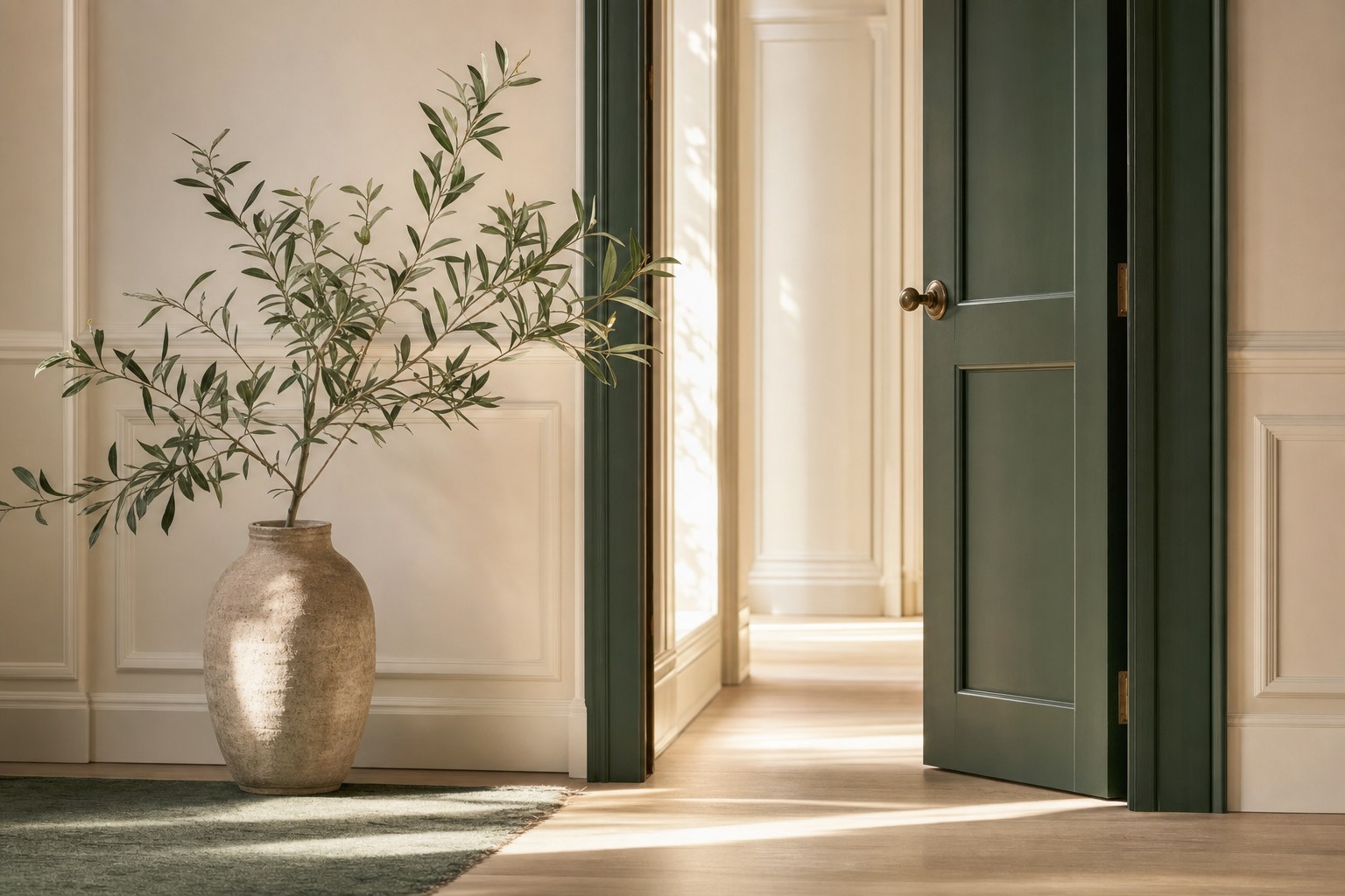 Open doorway with warm light and an olive branch