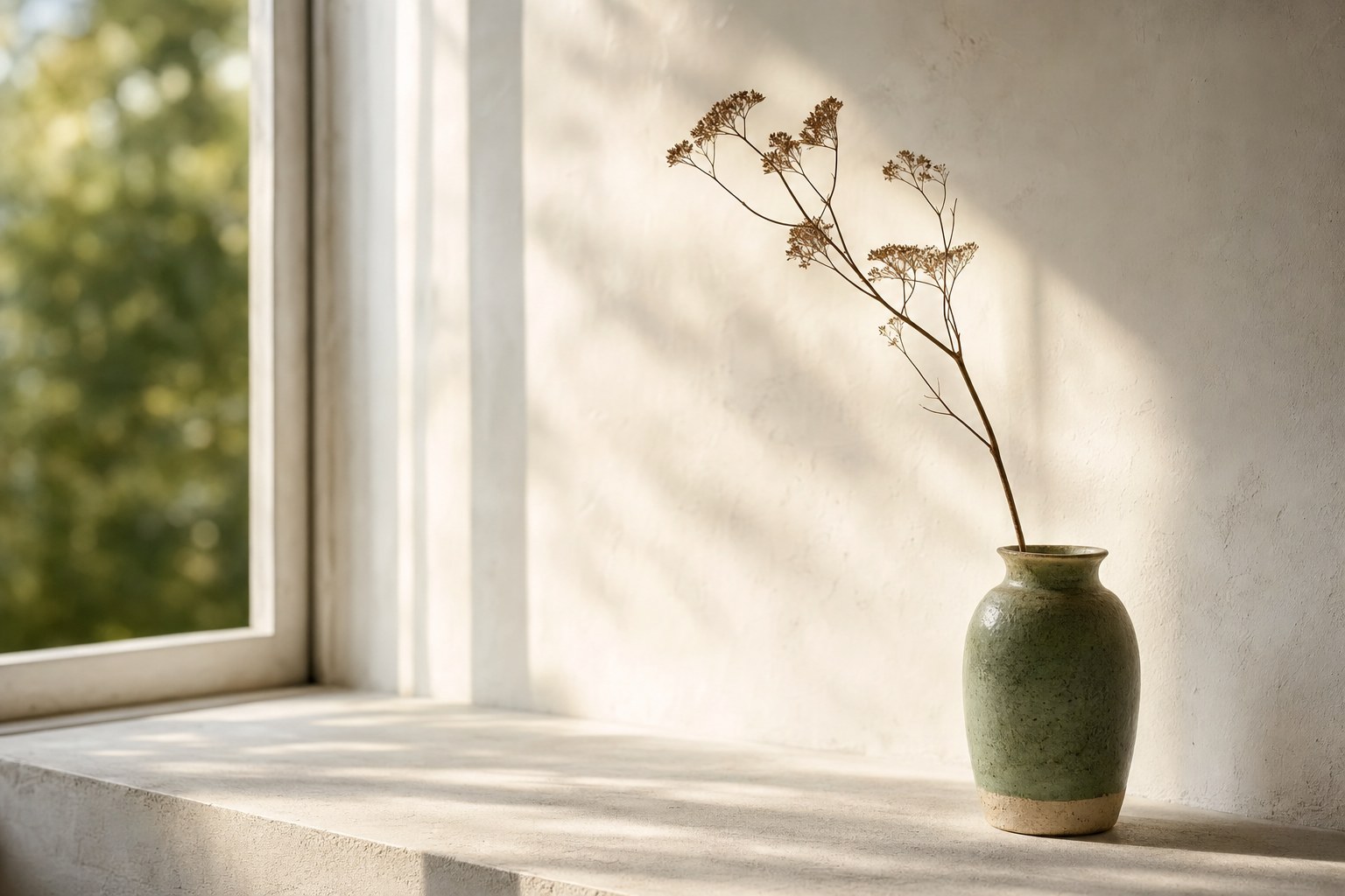 Dried botanical stem in a ceramic vase by a window