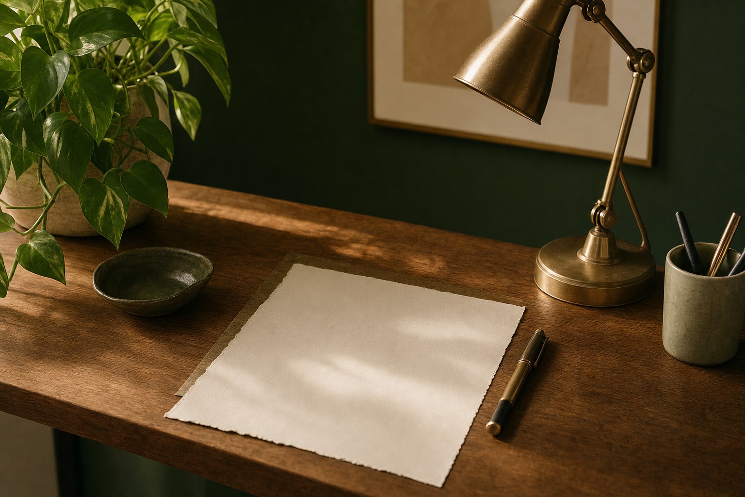 Ordered desk with a brass lamp and blank writing paper