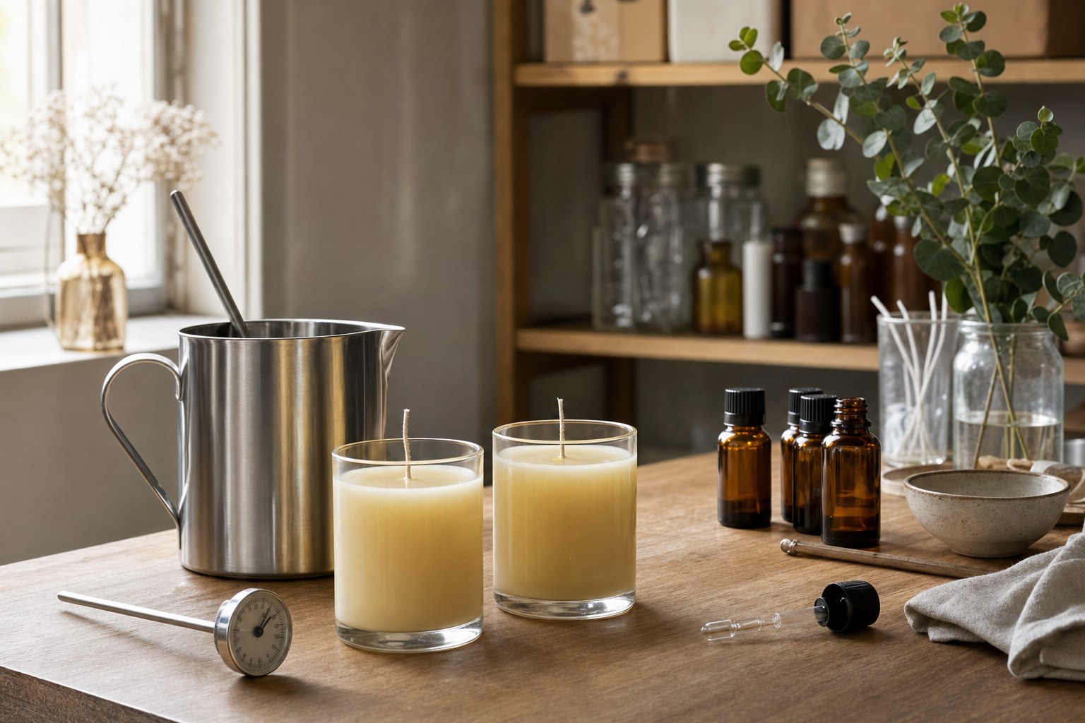 Small-batch candle testing tools on a wooden worktable