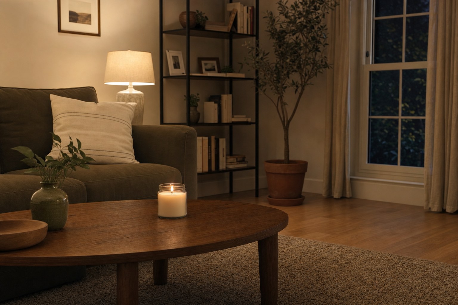 A candle burning on a clear coffee table in a comfortable room