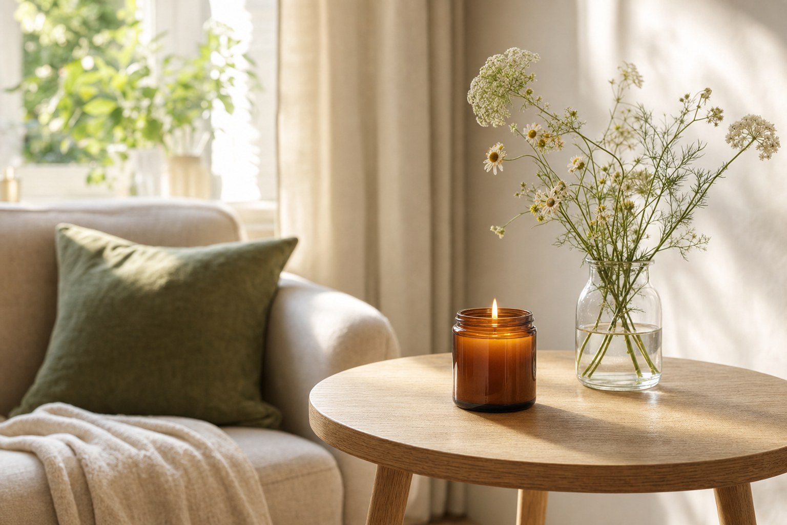 An amber candle glowing beside wildflowers in a sunlit living room