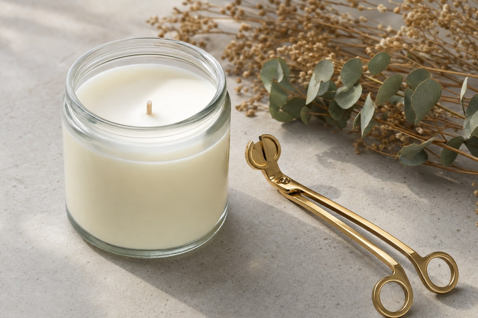 A candle with a short trimmed wick beside a wick trimmer