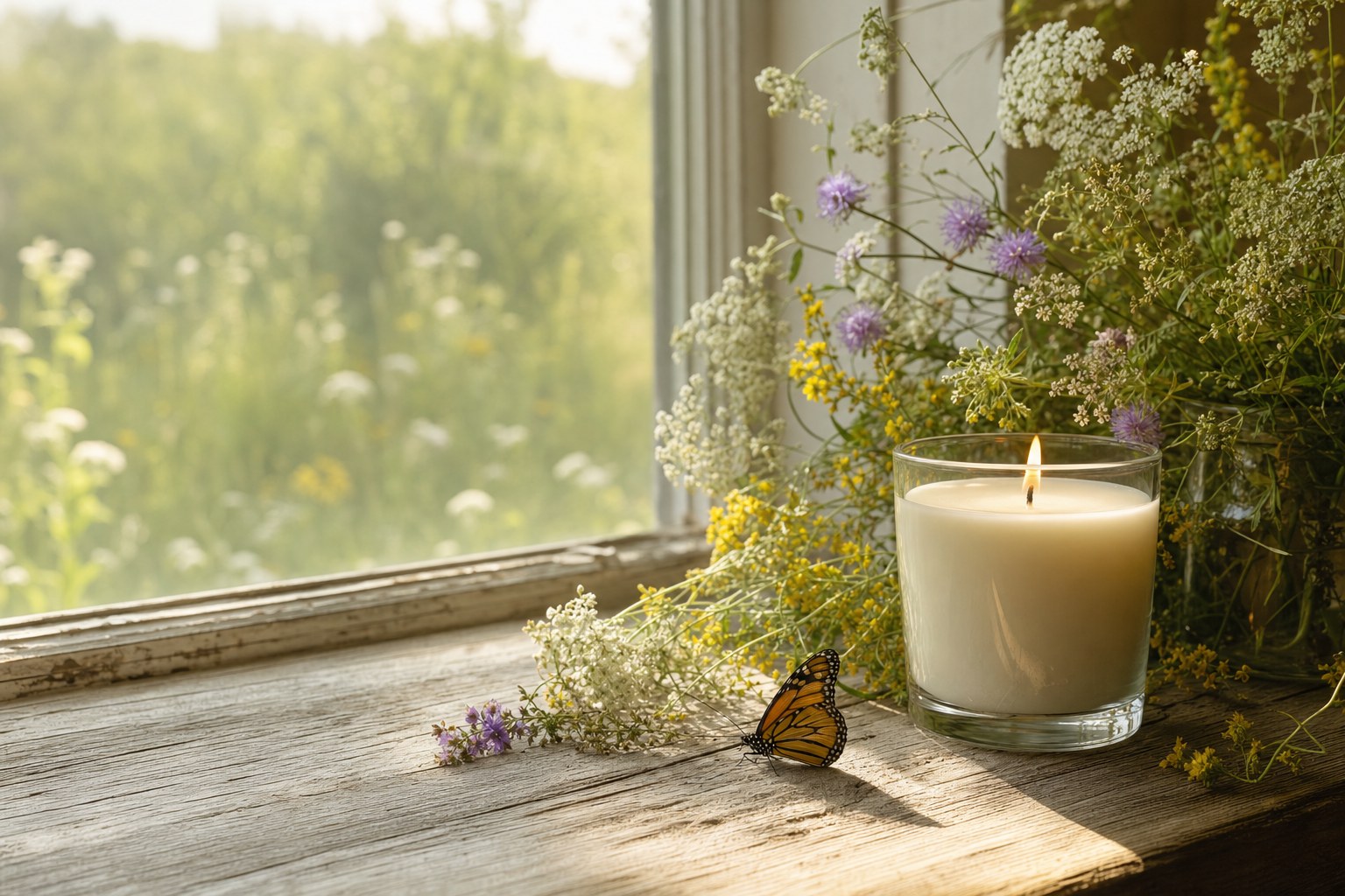 A softly glowing unbranded candle surrounded by wildflowers on a sunlit windowsill