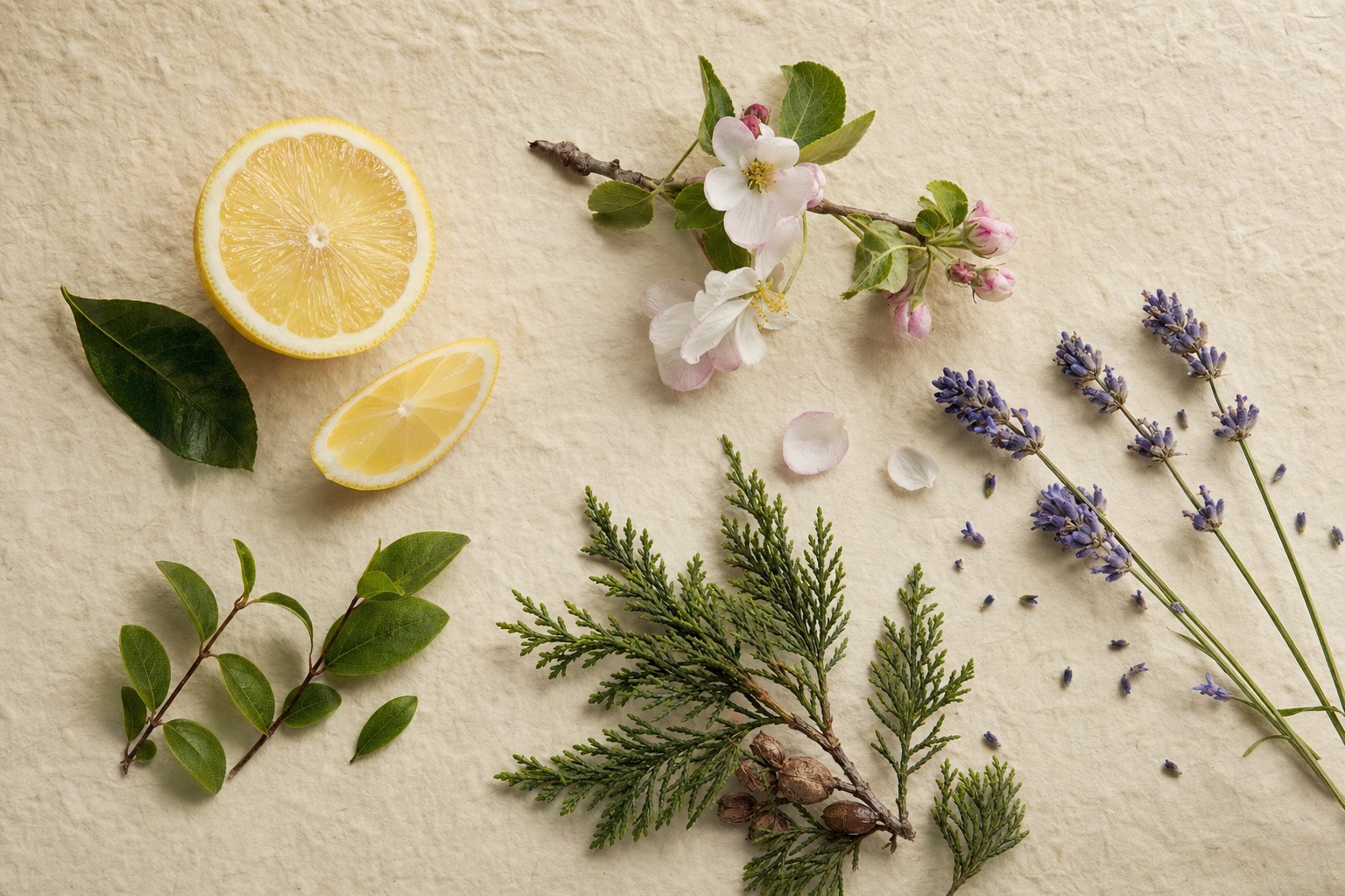 Lemon, blossoms, lavender, leaves, and cedar arranged as scent notes