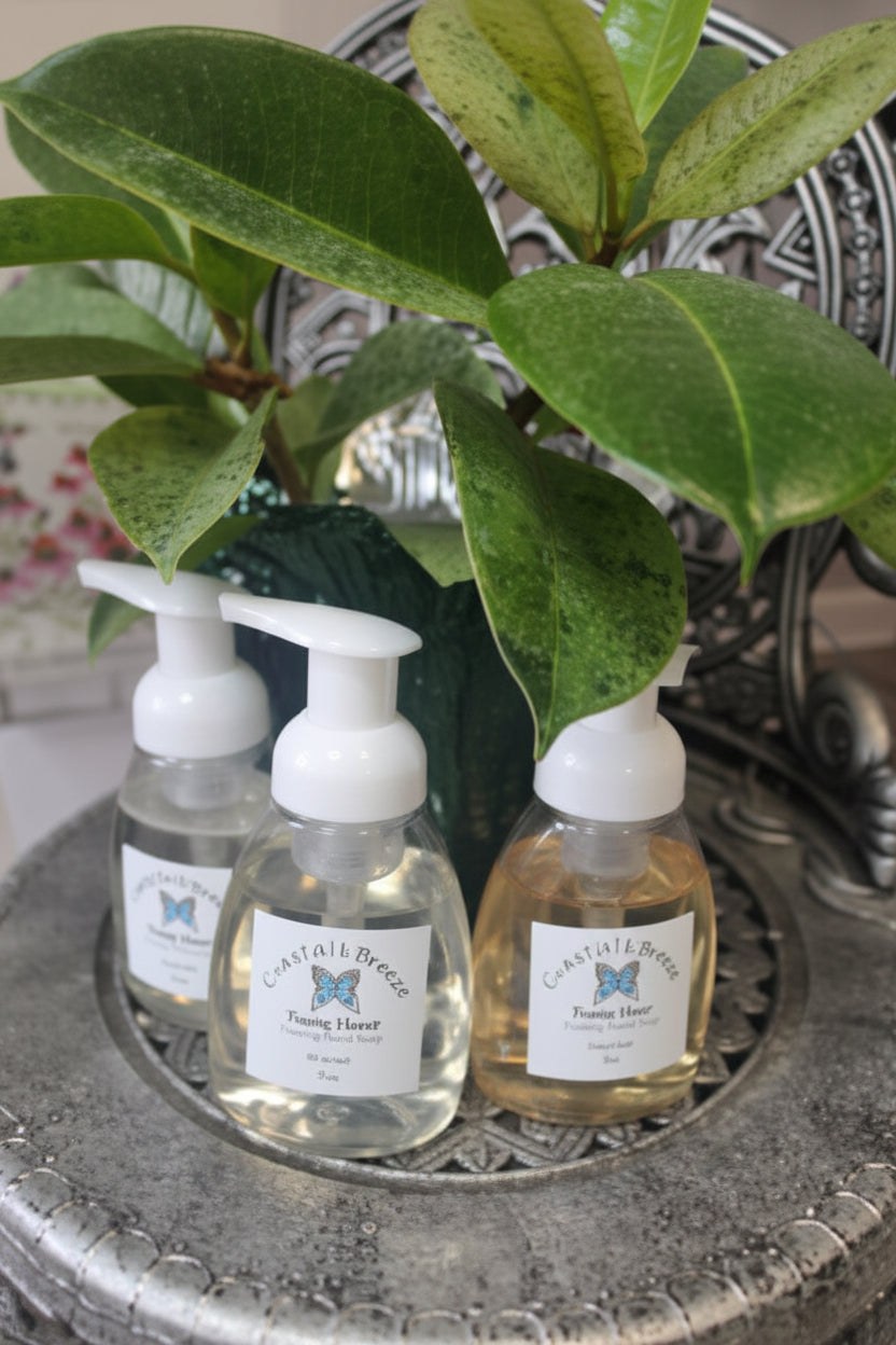 Three Flickity Wick foaming hand soap bottles arranged together