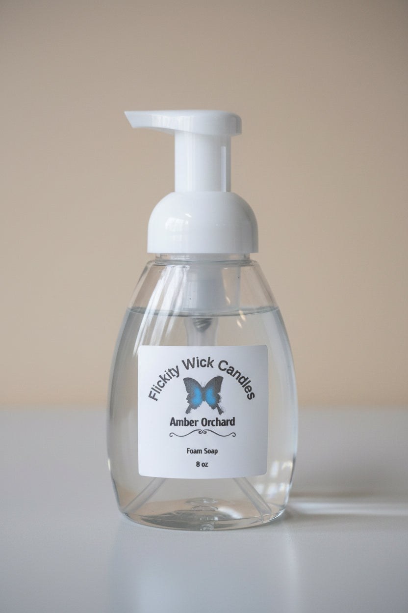 Flickity Wick foaming hand soap bottles with botanical labels