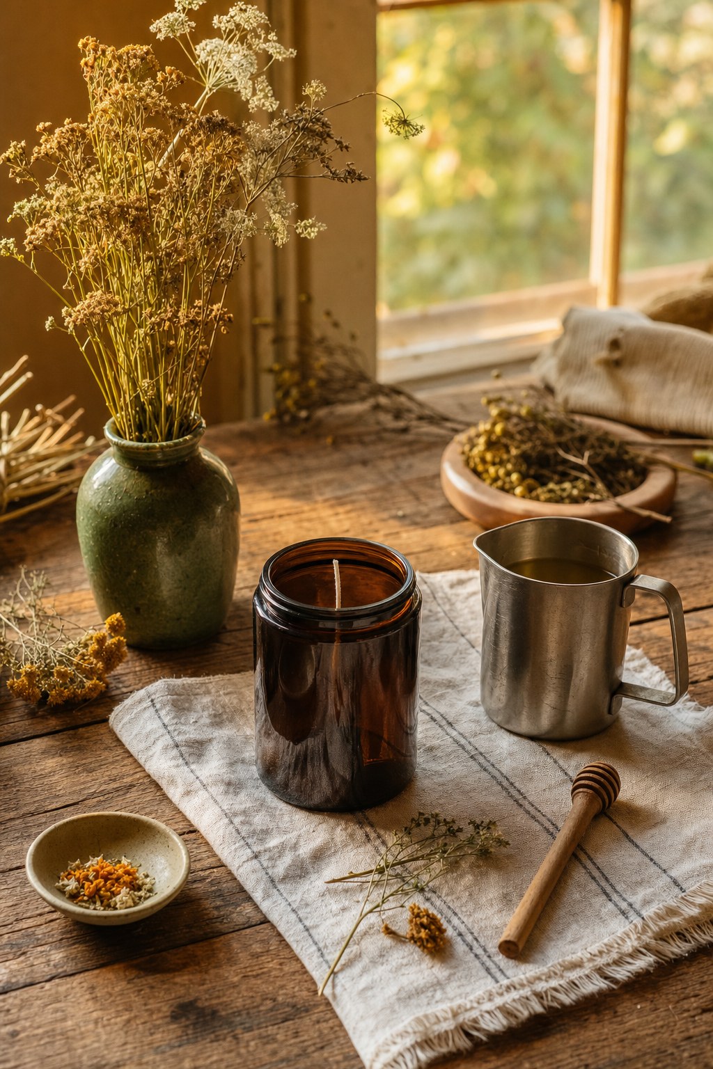 Candle-making tools and dried flowers in warm window light