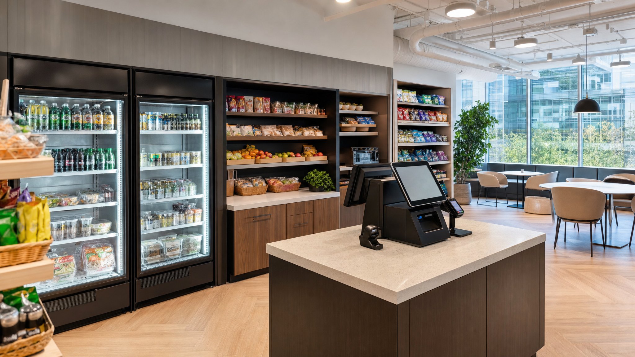 A workplace micro-market with chilled drinks, snacks and a self-service checkout