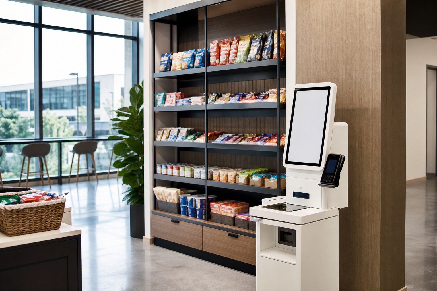 Self-service kiosk beside open snack shelving in a workplace micro-market