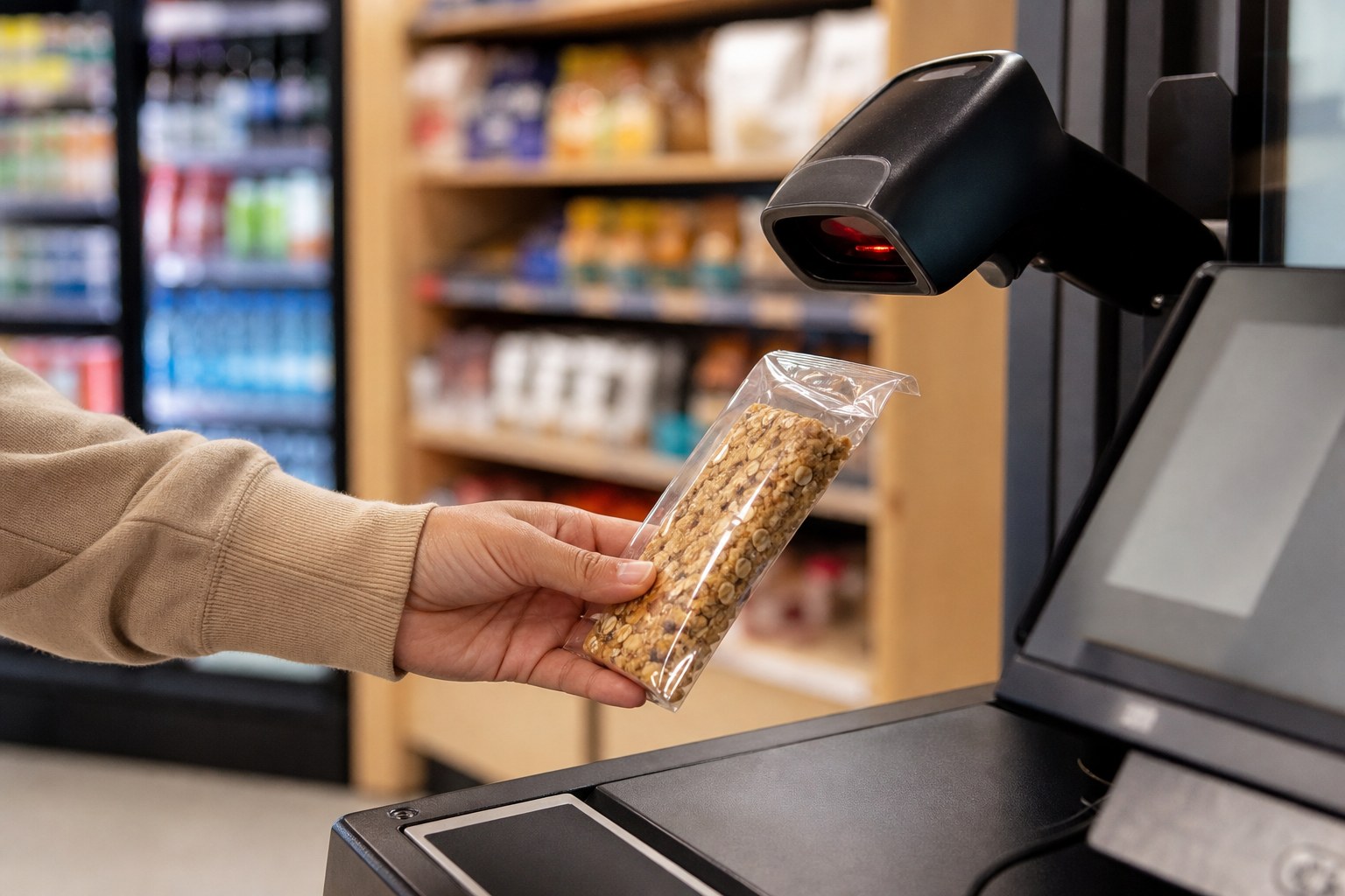 Customer scanning a snack at a self-service micro-market kiosk