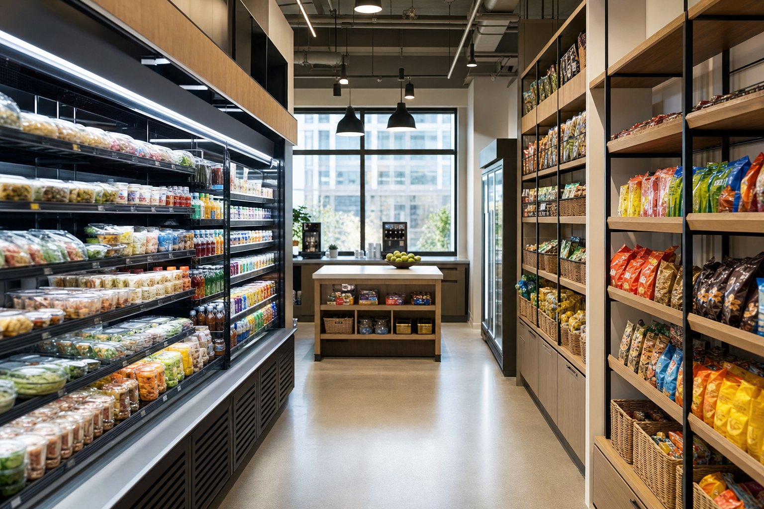 A workplace micro-market aisle with fresh food, drinks and snacks