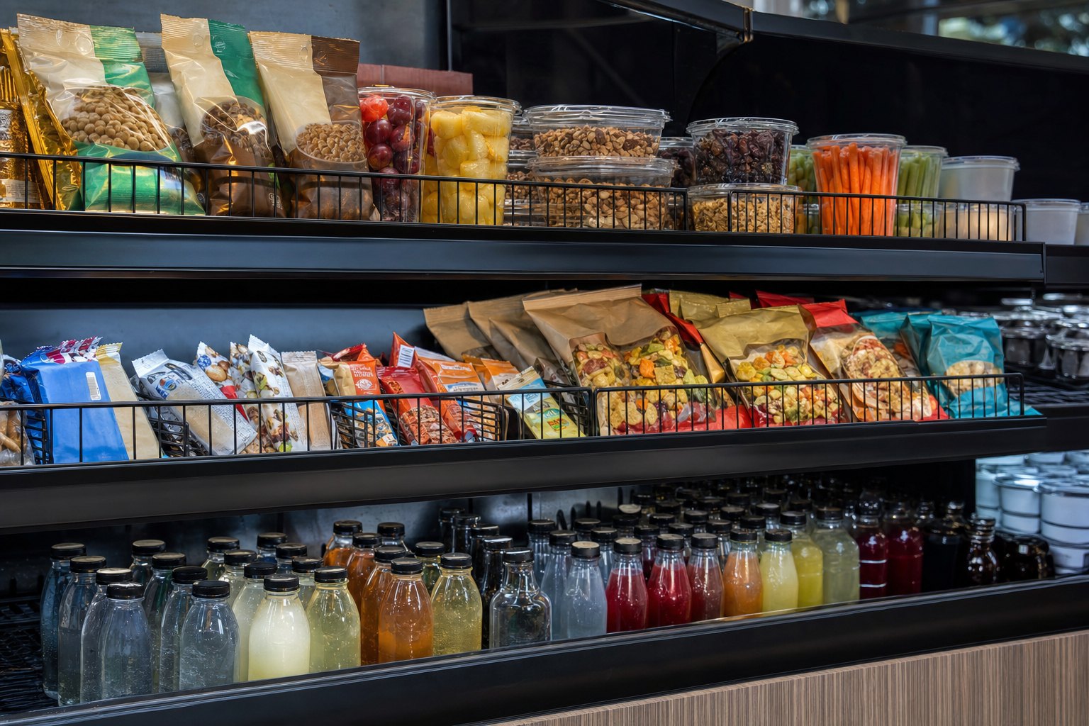 A varied food and beverage assortment on a micro-market shelf