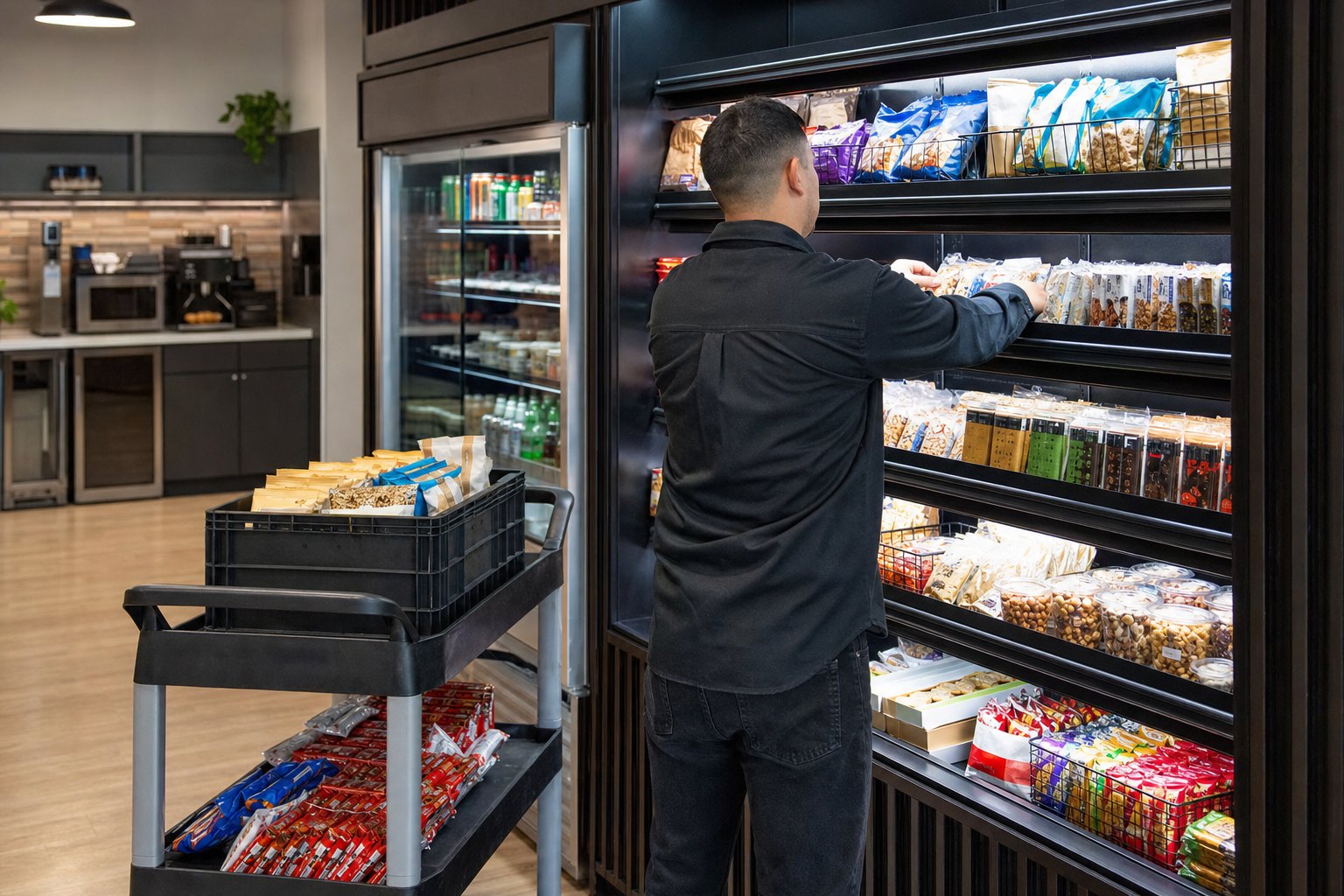 An operator replenishing a workplace micro-market shelf