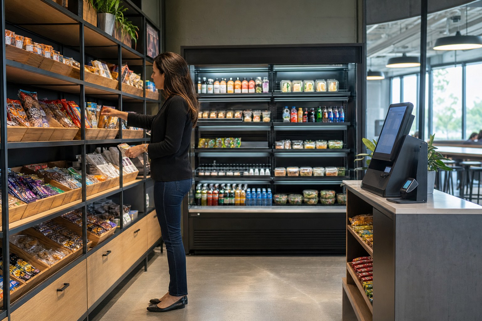 Employee choosing food in a bright self-service workplace micro-market